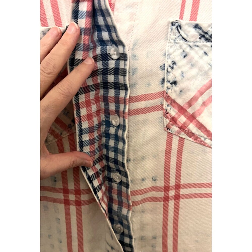 Anthro CLOTH & STONE Plaid Button Front Shirt Faded Red White Blue Roll Tab S - Picture 5 of 7